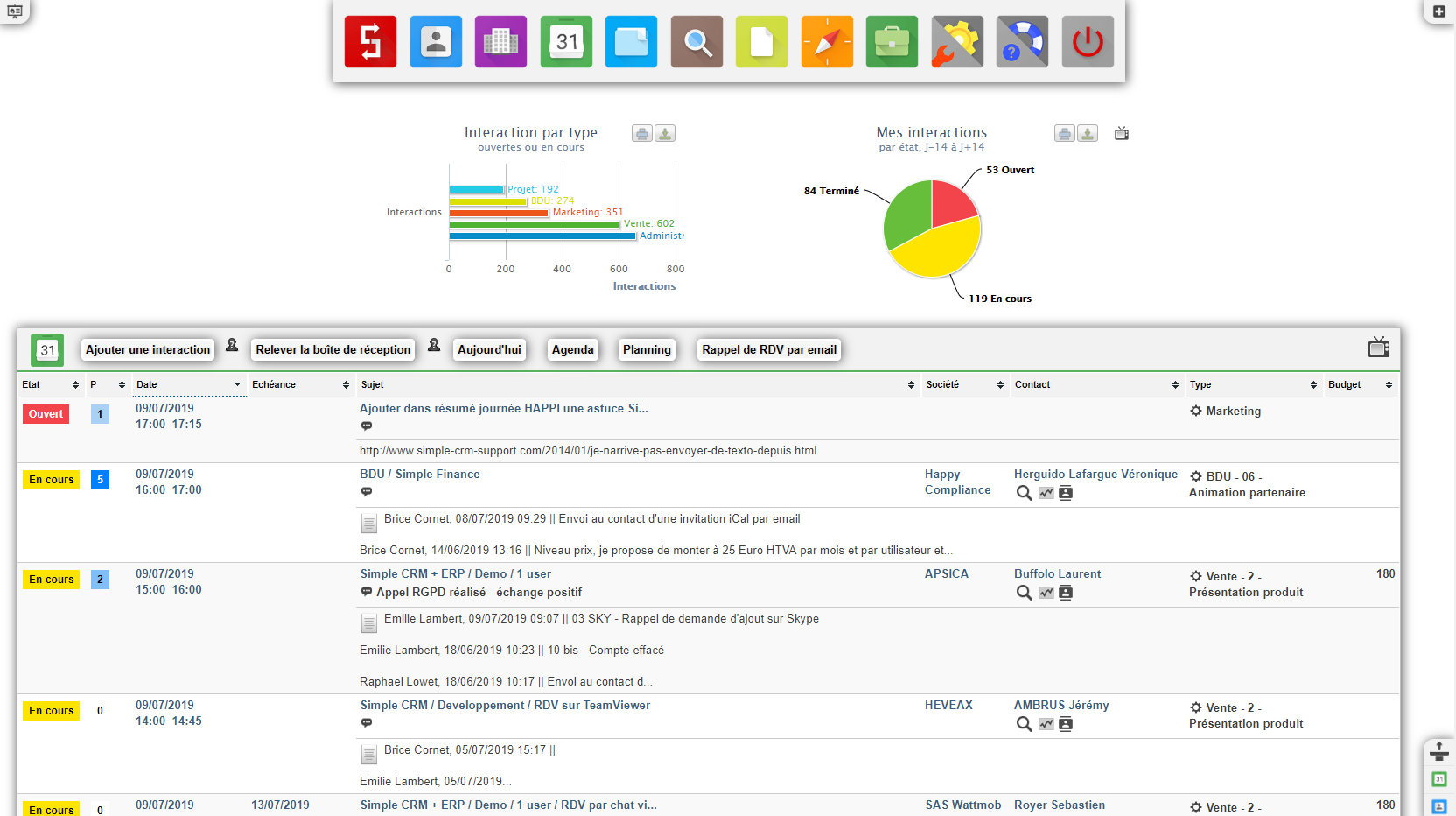 Simple CRM - Le bureau : là où vous retrouvez votre tâches et rendez-vous.