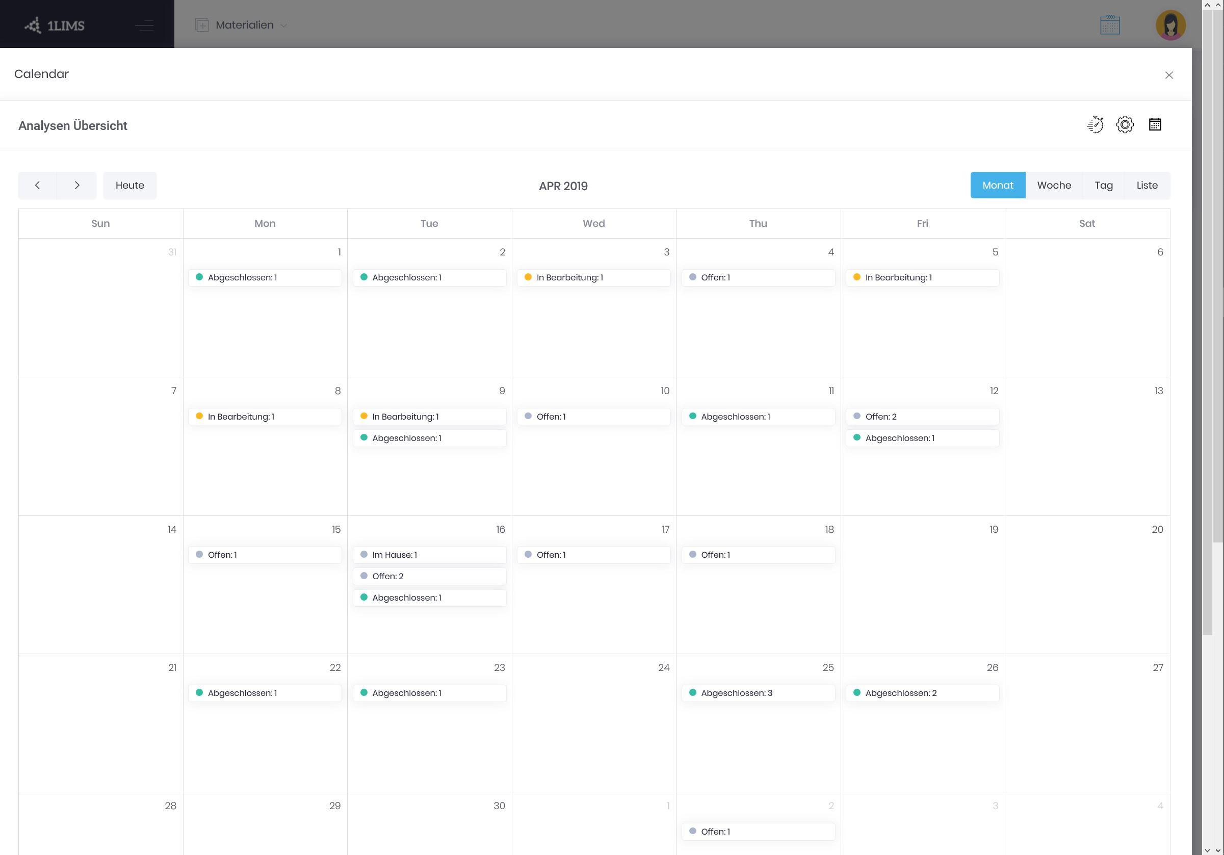 1LIMS - Kalender-Übersicht