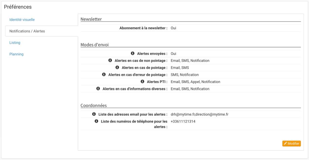 MyTime - Configuration des alertes