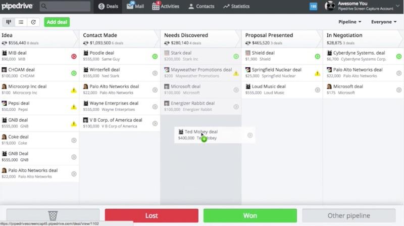 Pipedrive - Modifica dello stato di prospettive trascinando