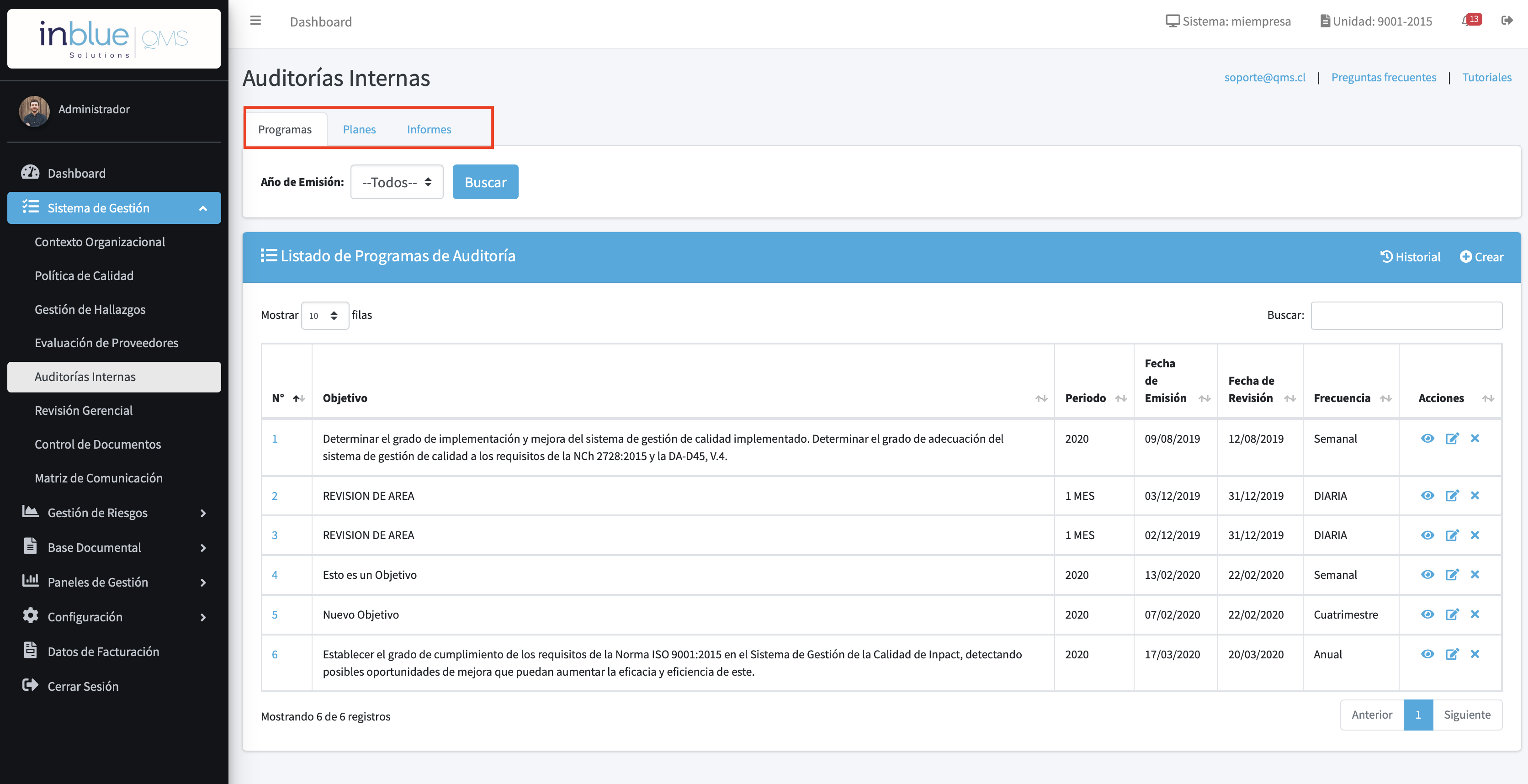 inblueQMS - Panel Auditorías Internas