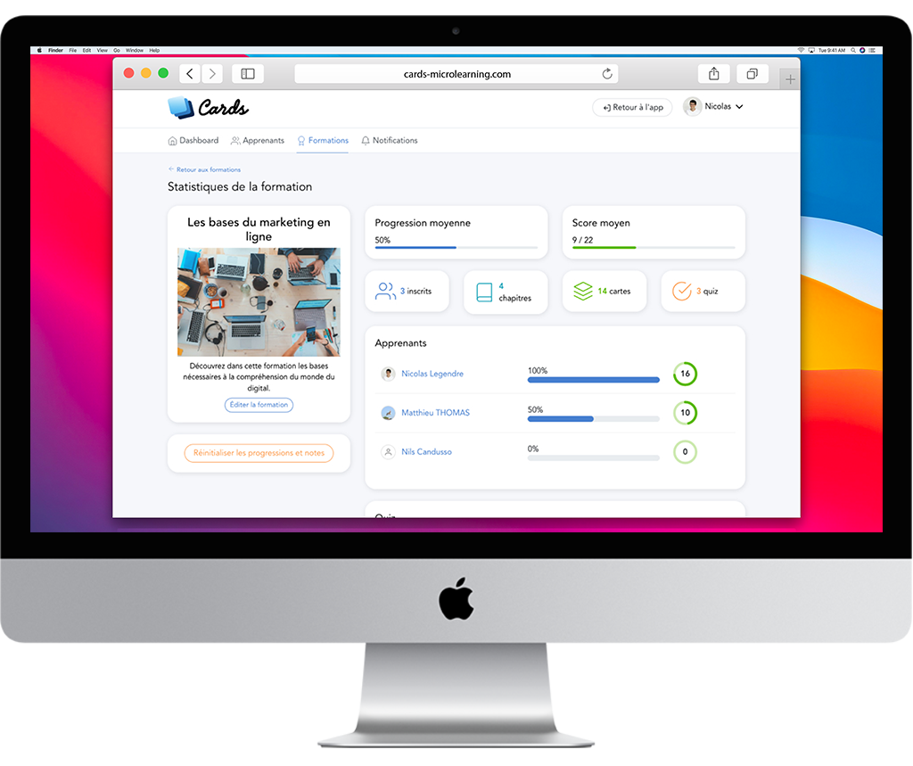 Cards micro-learning - LMS dédié au micro-learning : une interface d'administration simple, disponible sur le web (en ligne) et sa version PWA pour Mac et PC.