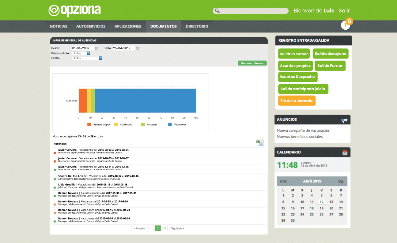 Opziona - Informe Ausencias - Vista Administrador