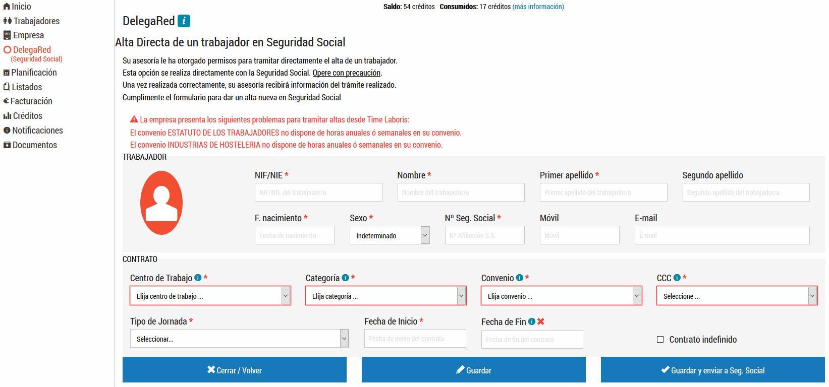 Time Laboris - Vista del módulo que permite dar altas directas a los trabajadores en Seguridad Social