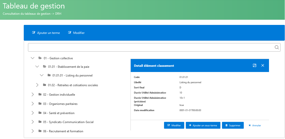 Hyperdhoc Archive - Visualisation et modification des rubriques d'un tableaux de gestion.