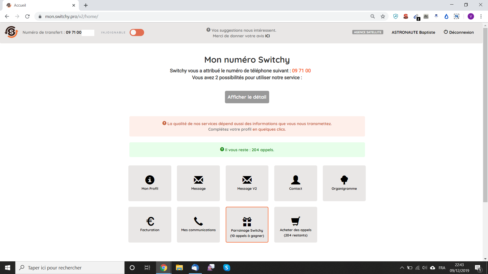 Switchy.pro - Dashboard accessible 24/7 : Profil, organigramme, messages et rechargement en ligne