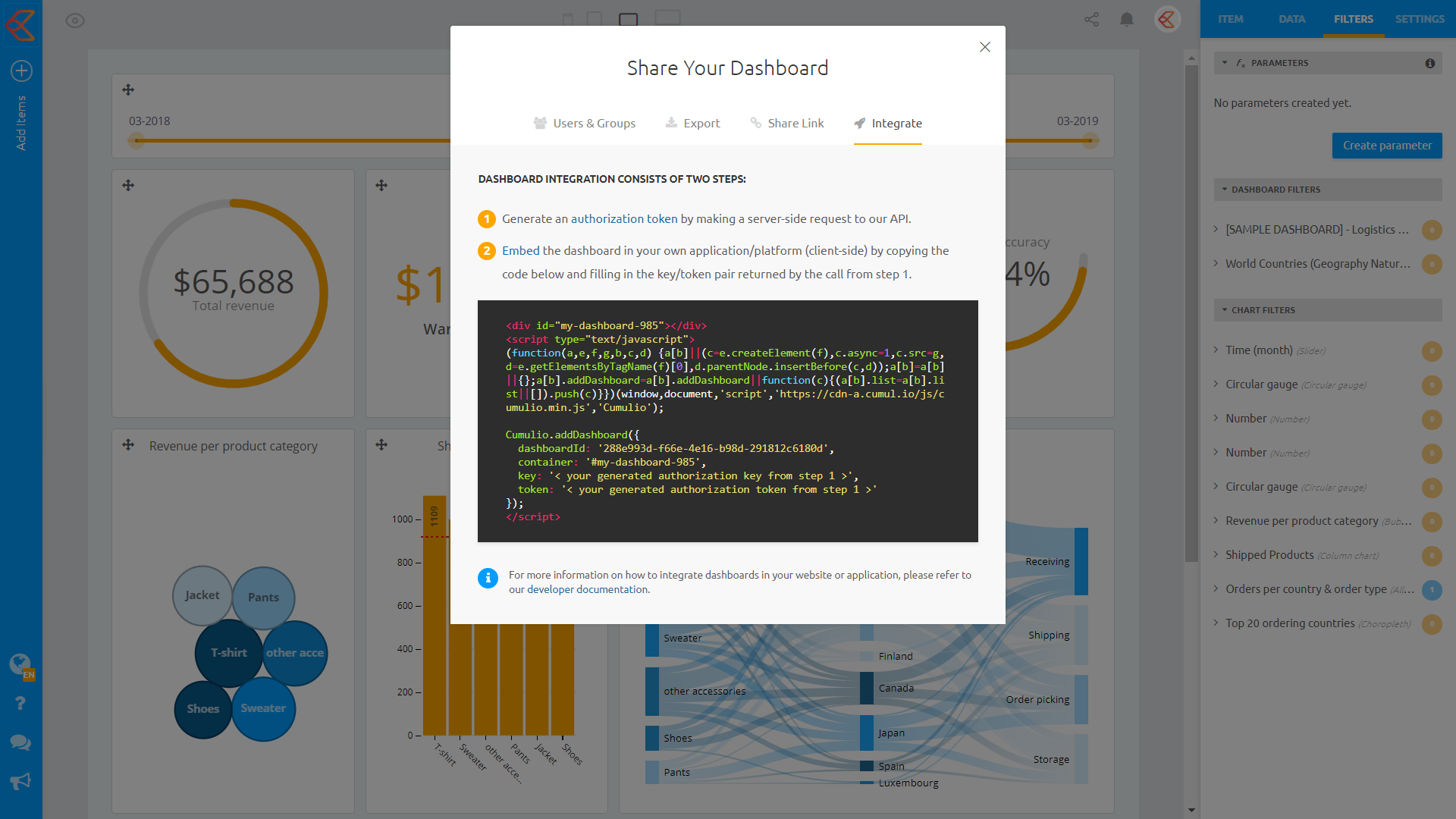 Cumul.io - Embed dashboards in your own application by copy-pasting this short snippet of code.