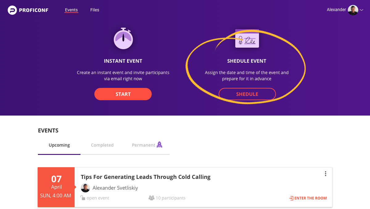 Proficonf - Events page, scheduled event