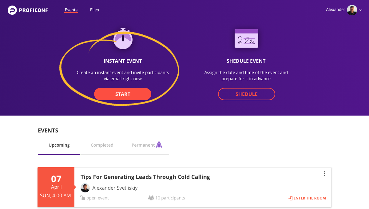 Proficonf - Events page, instant event