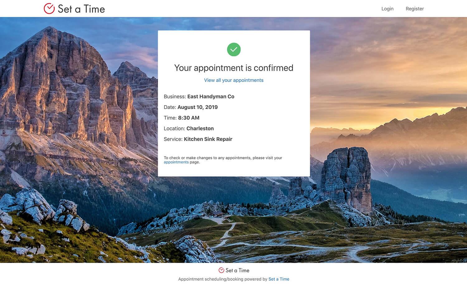 Set a Time - Appointment confirmation booking page