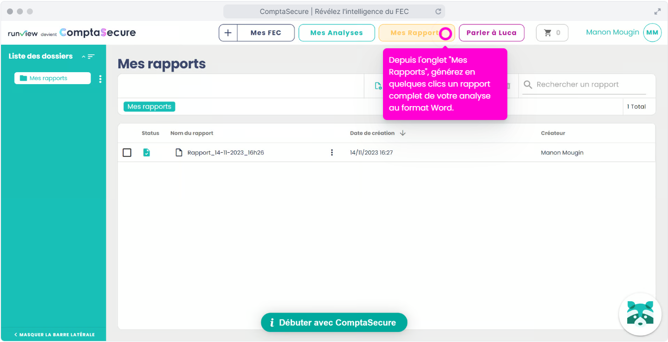 ComptaSecure (ex Runview) - Depuis l'onglet "Mes Rapports", générez en quelques clics un rapport complet de votre analyse au format Word.