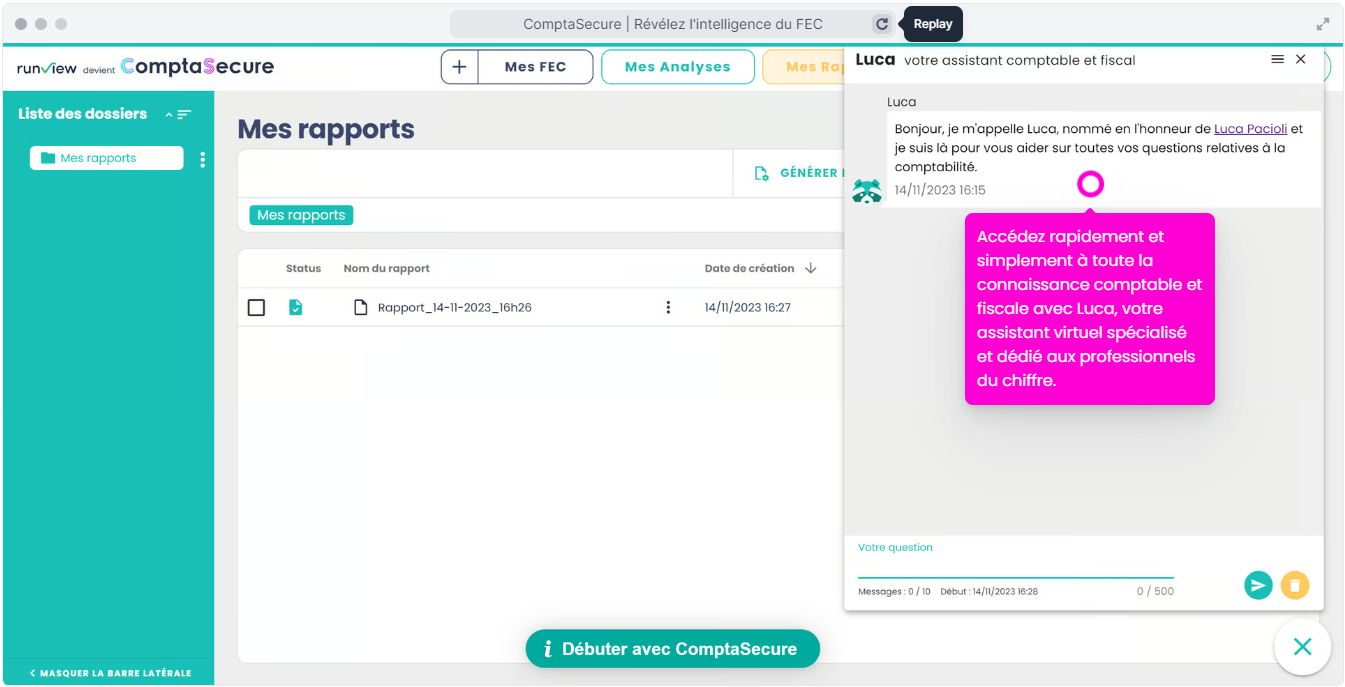 ComptaSecure (ex Runview) - Accédez rapidement et simplement à toute la connaissance comptable et fiscale avec Luca, votre assistant virtuel spécialisé et dédié aux professionnels du chiffre.