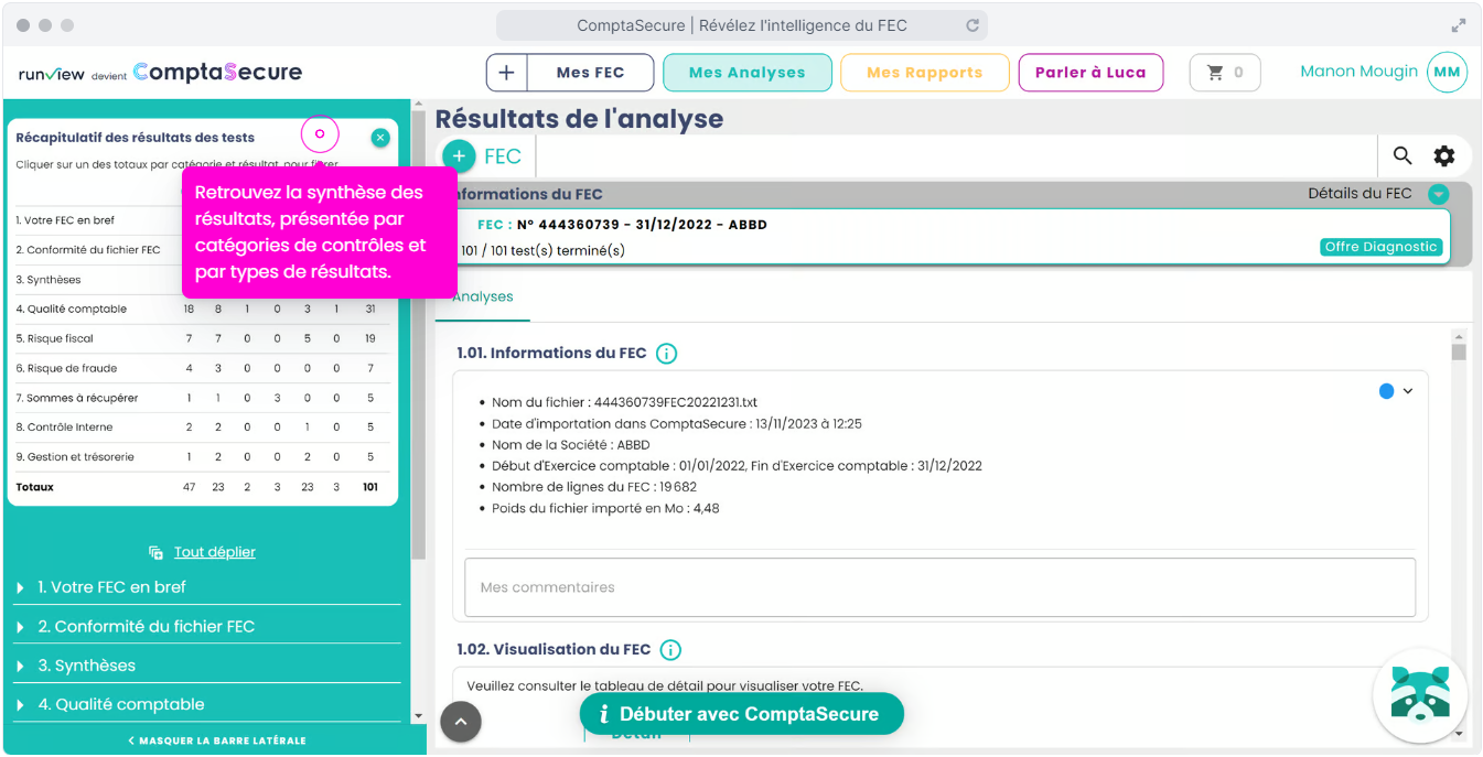 ComptaSecure (ex Runview) - Retrouvez la synthèse des résultats, présentée par catégories de contrôles et par types de résultats.