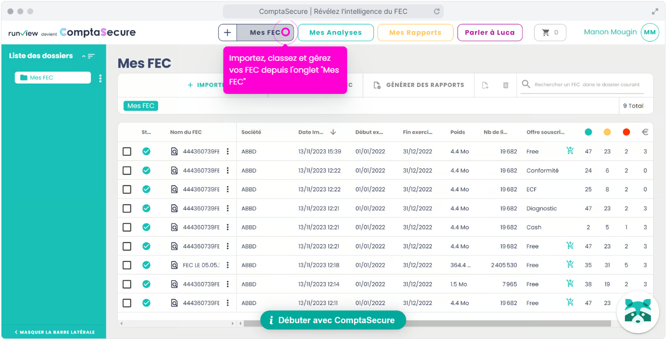 ComptaSecure (ex Runview) - Importez, classez et gérez vos FEC depuis l'onglet "Mes FEC"