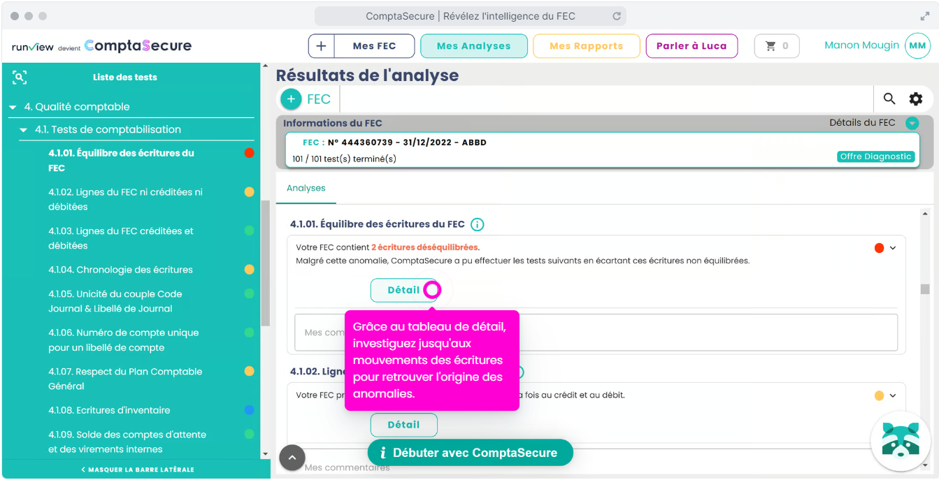 ComptaSecure (ex Runview) - Grâce au tableau de détail, investiguez jusqu'aux mouvements des écritures pour retrouver l'origine des anomalies.