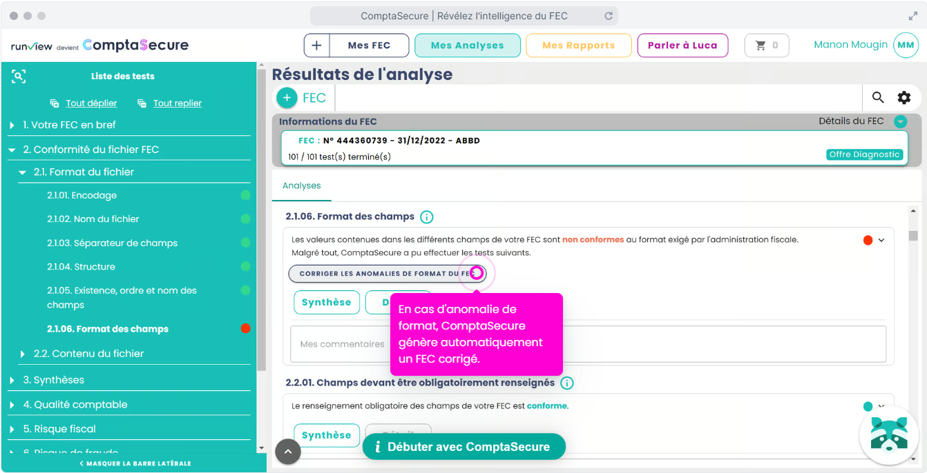 ComptaSecure (ex Runview) - En cas d'anomalie de format, ComptaSecure génère automatiquement un FEC corrigé.