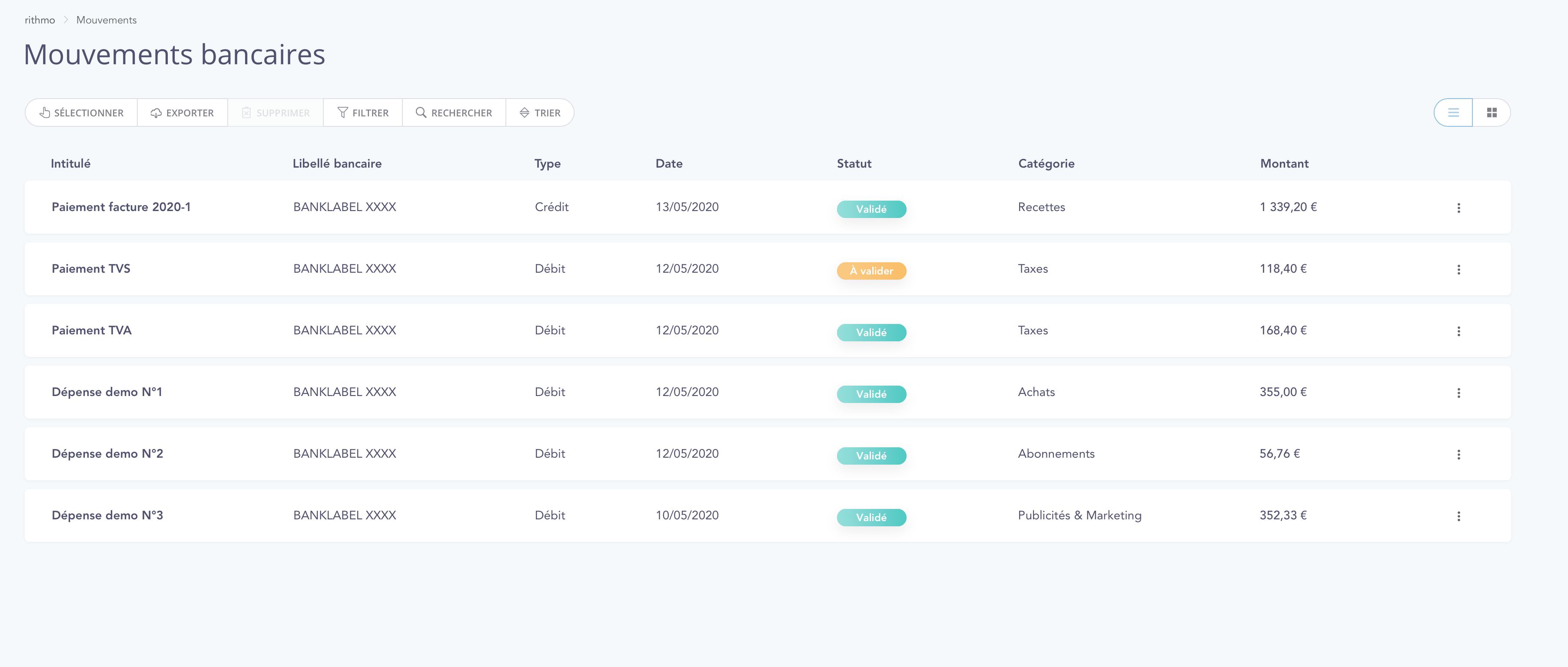 rithmo - Mouvements bancaires