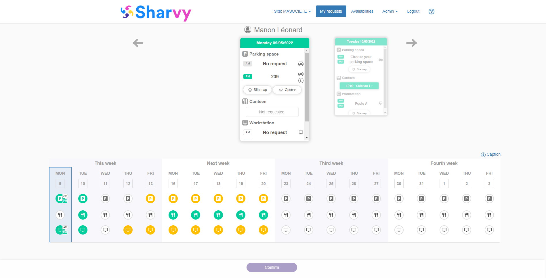 Sharvy - Reservation schedule: several requests confirmed (green) or pending (yellow)