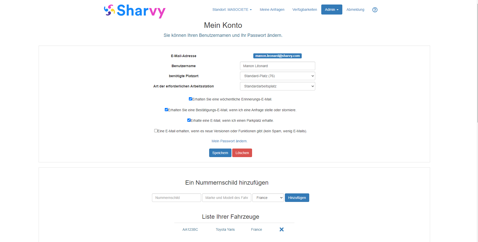 Sharvy - Seite "Mein Konto": Einstellung des Platztyps, des Fahrzeugs, der Präferenzen...