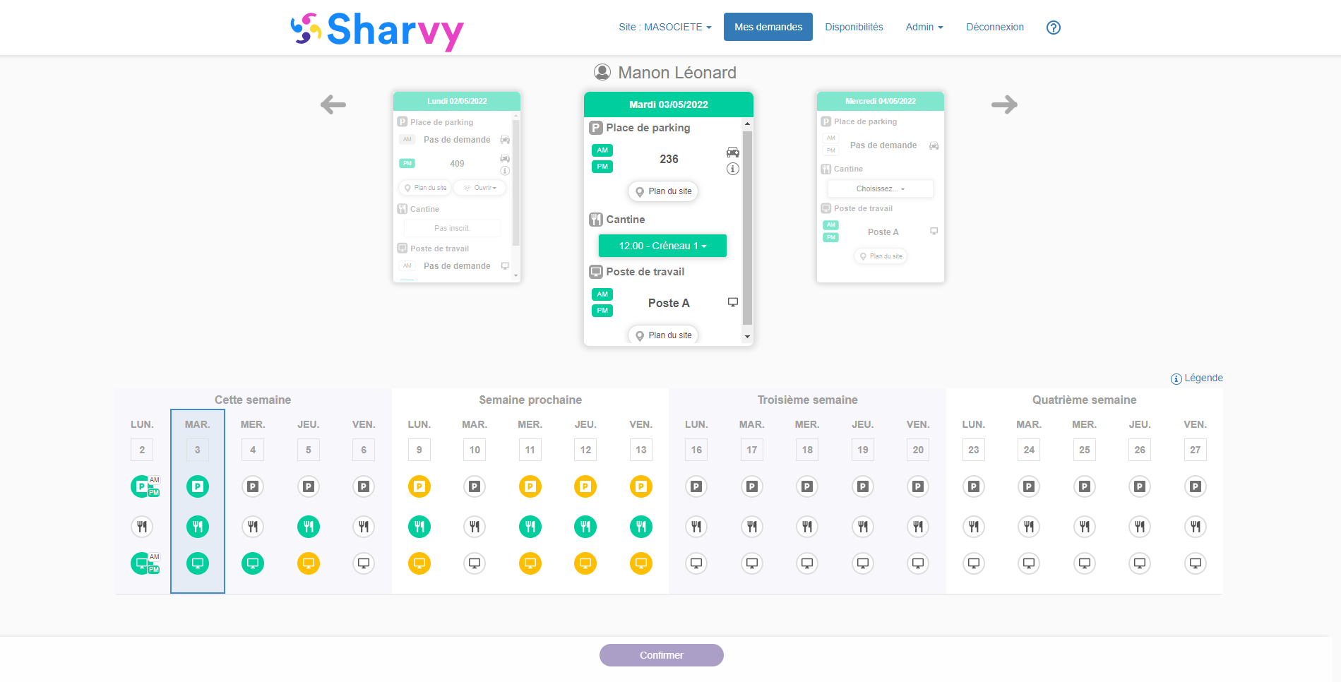 Sharvy - Planning des réservations : plusieurs demandes confirmées (vert) ou en attente (jaune)