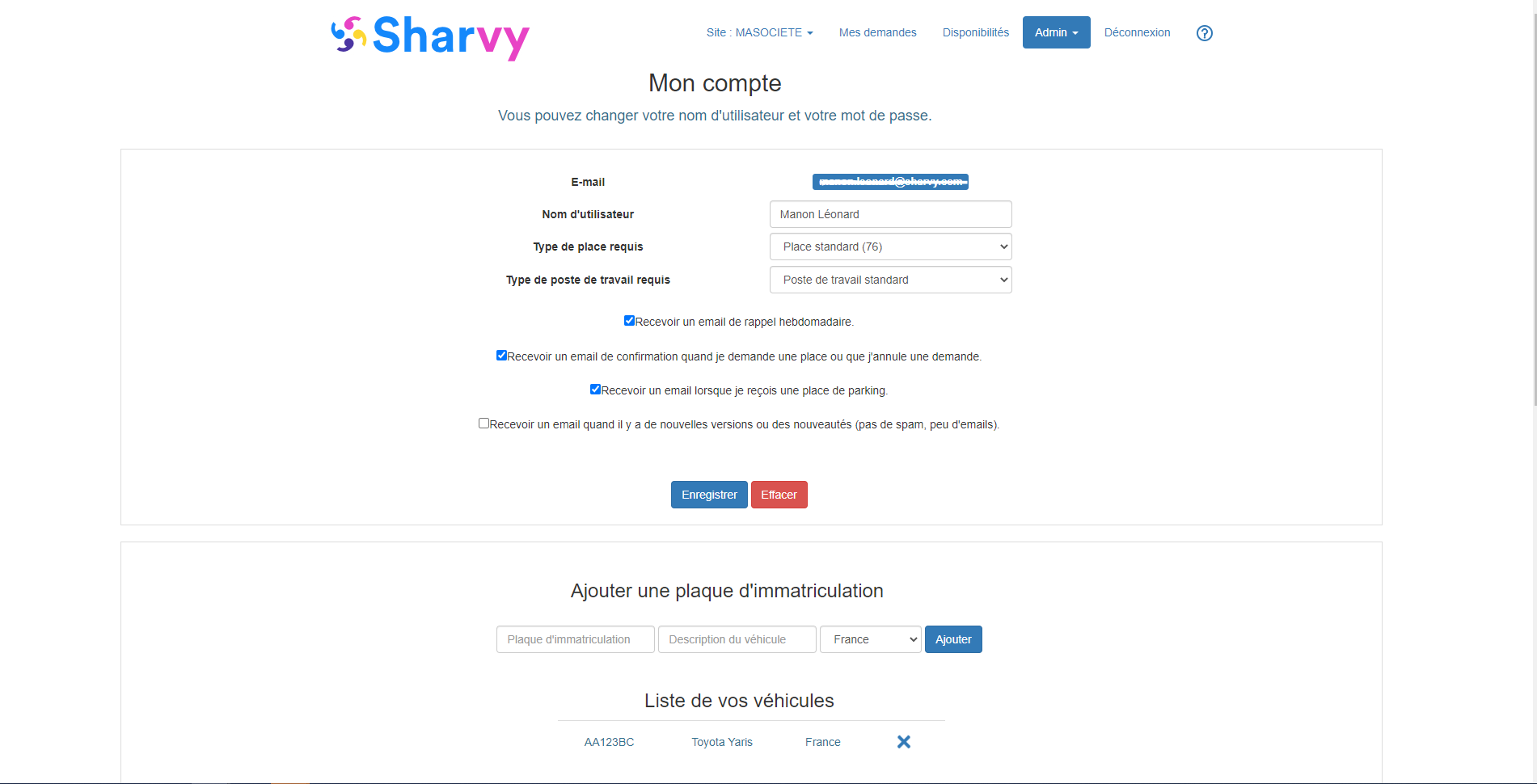 Sharvy - Page "Mon Compte" : paramétrage de son type de place, de son véhicule, de ses préférences...