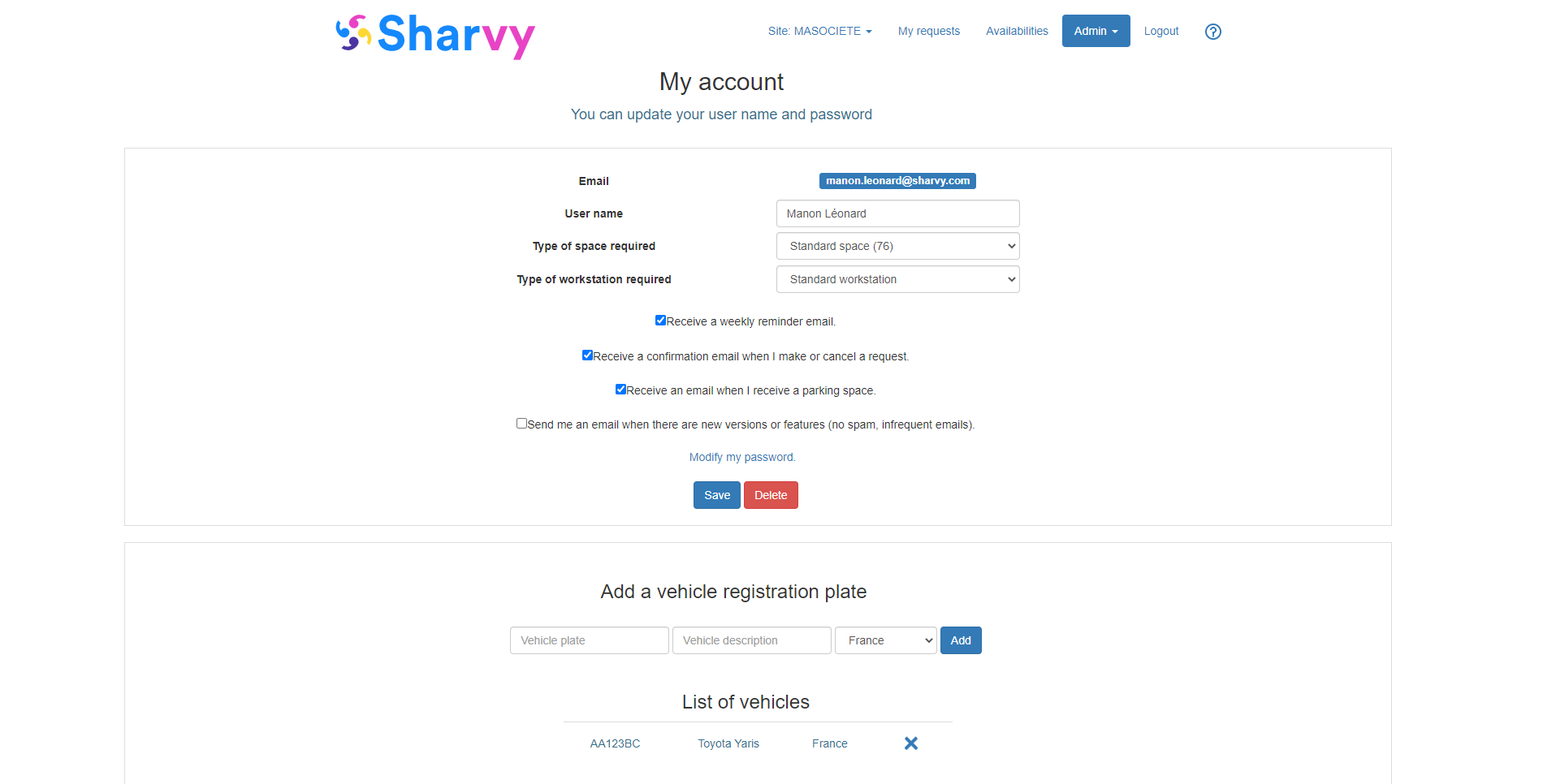 Sharvy - "My Account" page: setting of your seat type, your vehicle, your preferences...