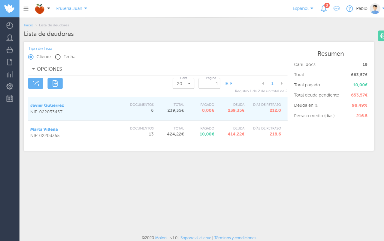 Moloni - Informe de clientes