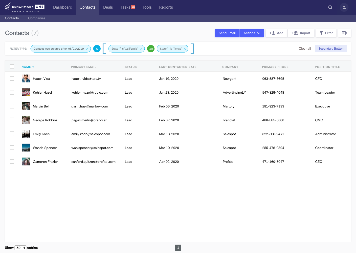 BenchmarkONE - Contact list view