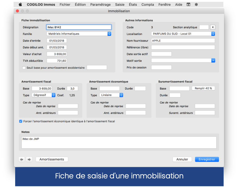 Cogilog Immobilisations - Fiche d'immobilisation