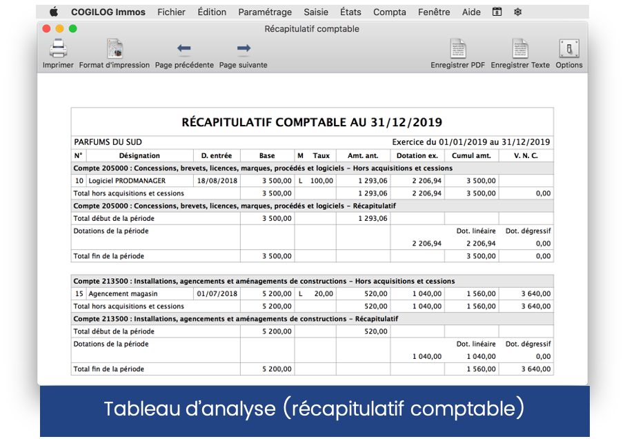 Cogilog Immobilisations - Etat récapitulatif