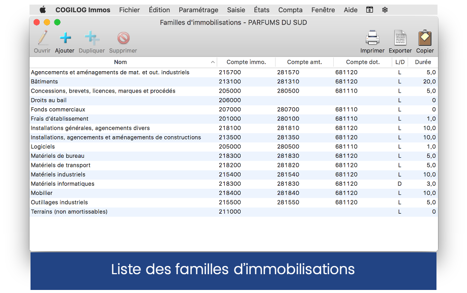 Cogilog Immobilisations - Familles d'immobilisations