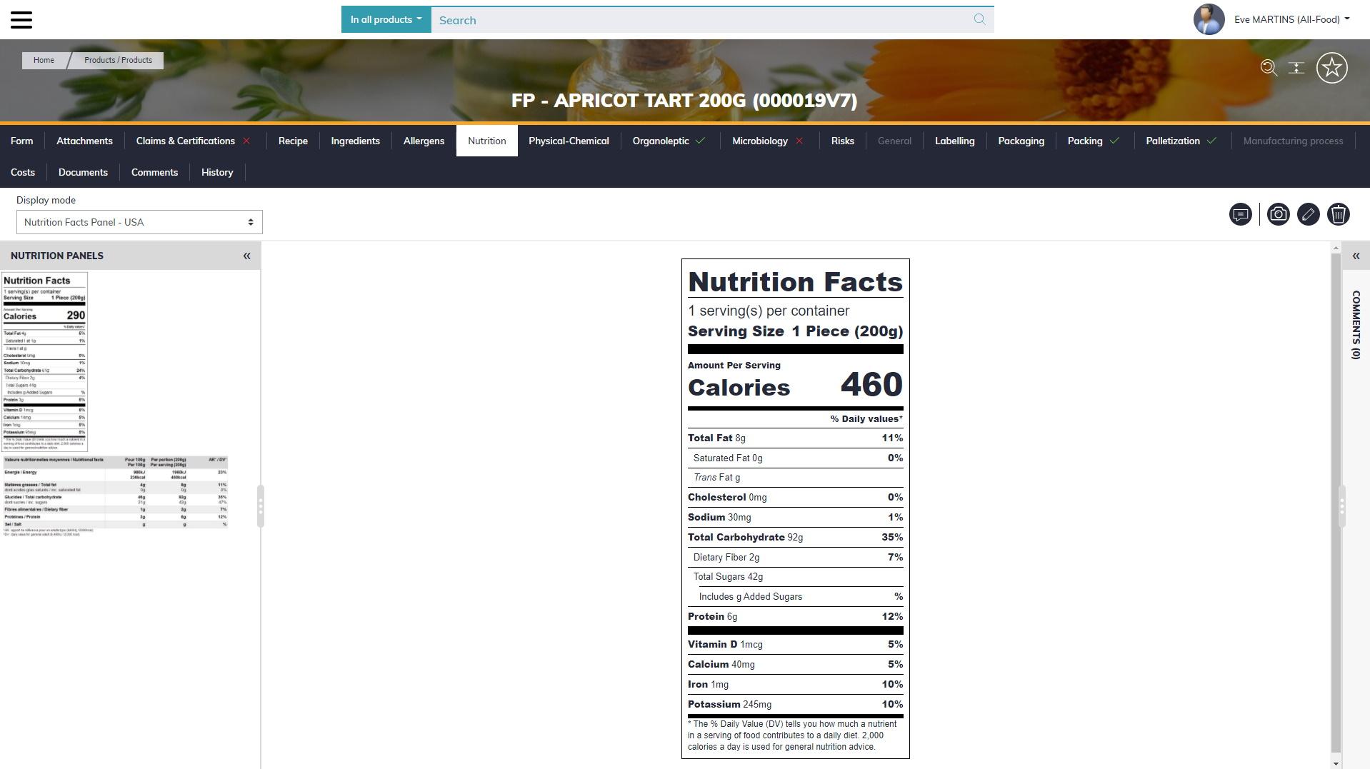 Aptean PLM Lascom Edition - Outil d'étiquetage - Panneau de valeurs nutritionnelles