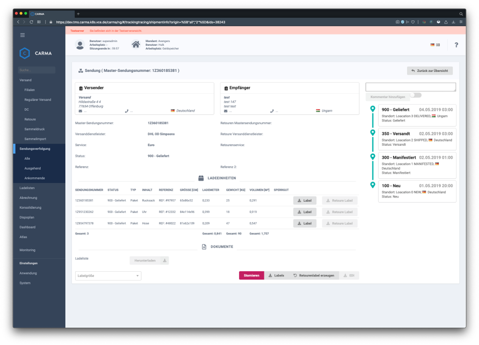VCE Solutions TMS-Screenshot VCE CARMA Multi Carrier Management