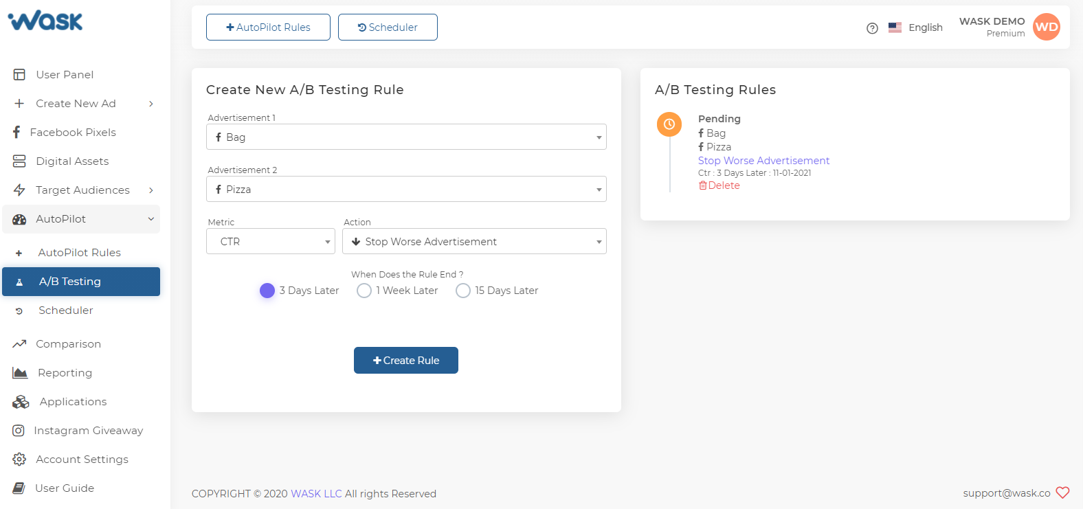 Wask - Create A/B Testing Rule