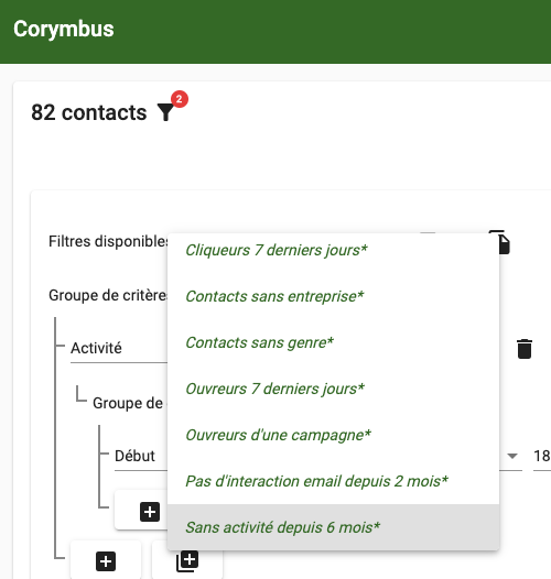 Corymbus - Filtres prédéfinis et personnalisables