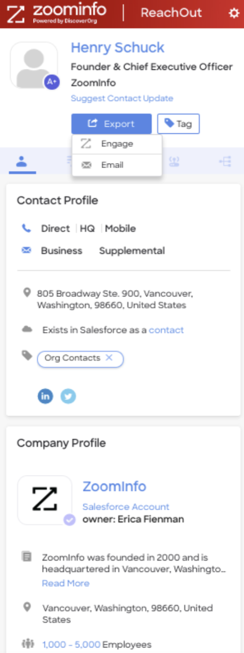 ZoomInfo - ZoomInfo's Chrome Extension, ReachOut enables you the access contact & company information on any site,
including corporate websites, LinkedIn and your CRM.