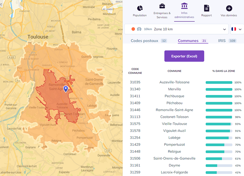 Smappen - app de géomarketing - Extract des communes, codes postaux ou IRIS d'une zone