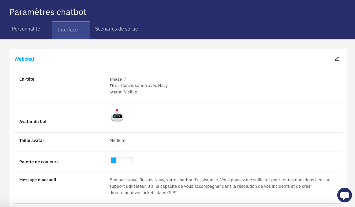 Wikit - Vue des paramètres du chatbot dans notre console d'administration