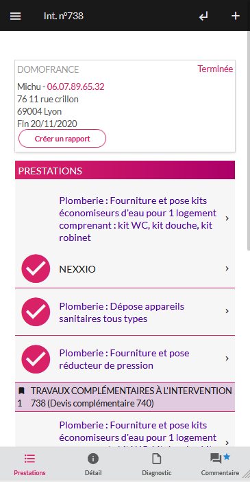 Nexxio - Entreprise, sur mobile : accès aux prestations à réaliser, à l'historique, au rapport, aux commentaires...