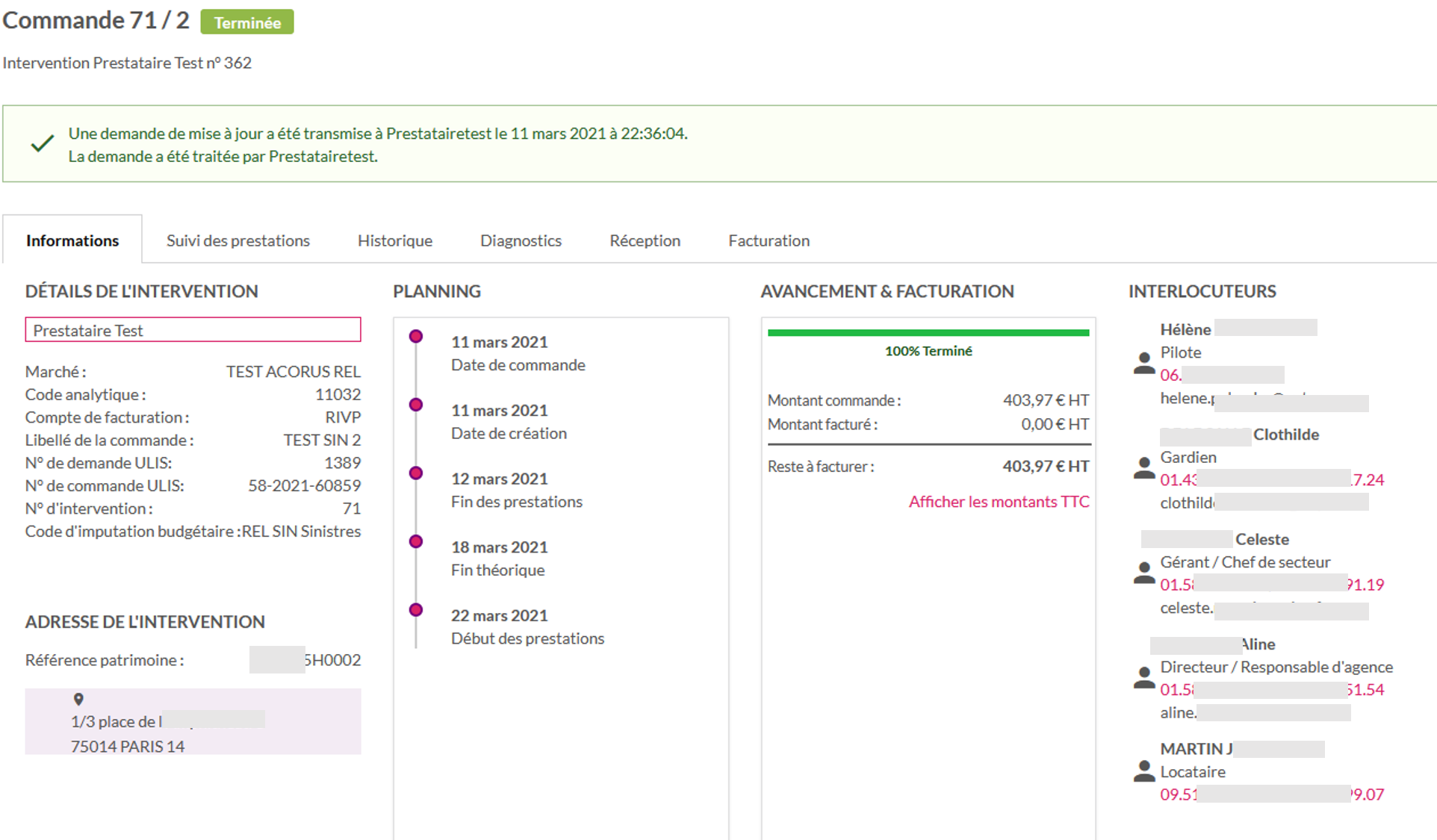 Nexxio - Gestionnaire immobilier, sur desktop : suivi de l'avancement, des rapports, de l'historique, récap des prestations, de toutes les informations données au prestataire