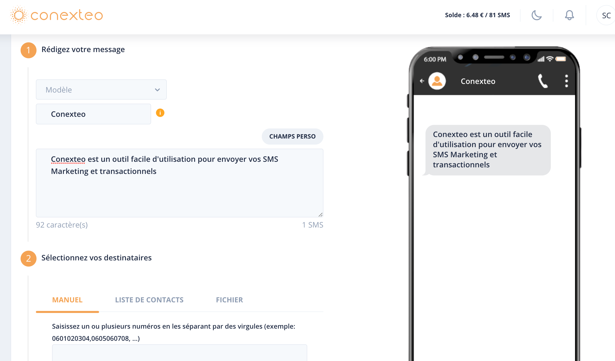 Conexteo - Page d'envoi SMS