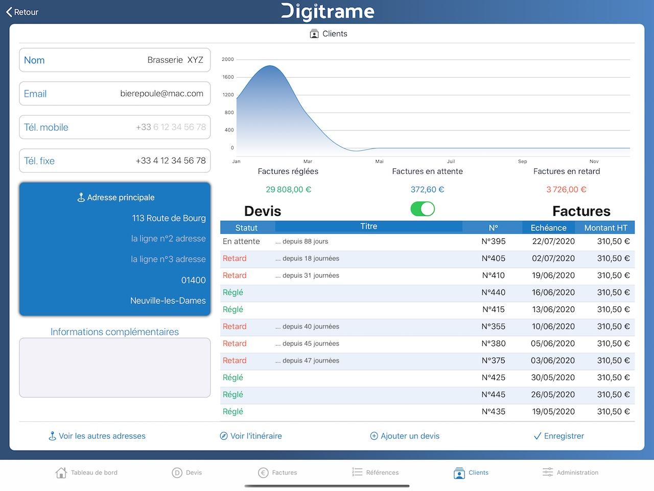 Digitrame - Consultation d'un suivi de devis sur une fiche cliente