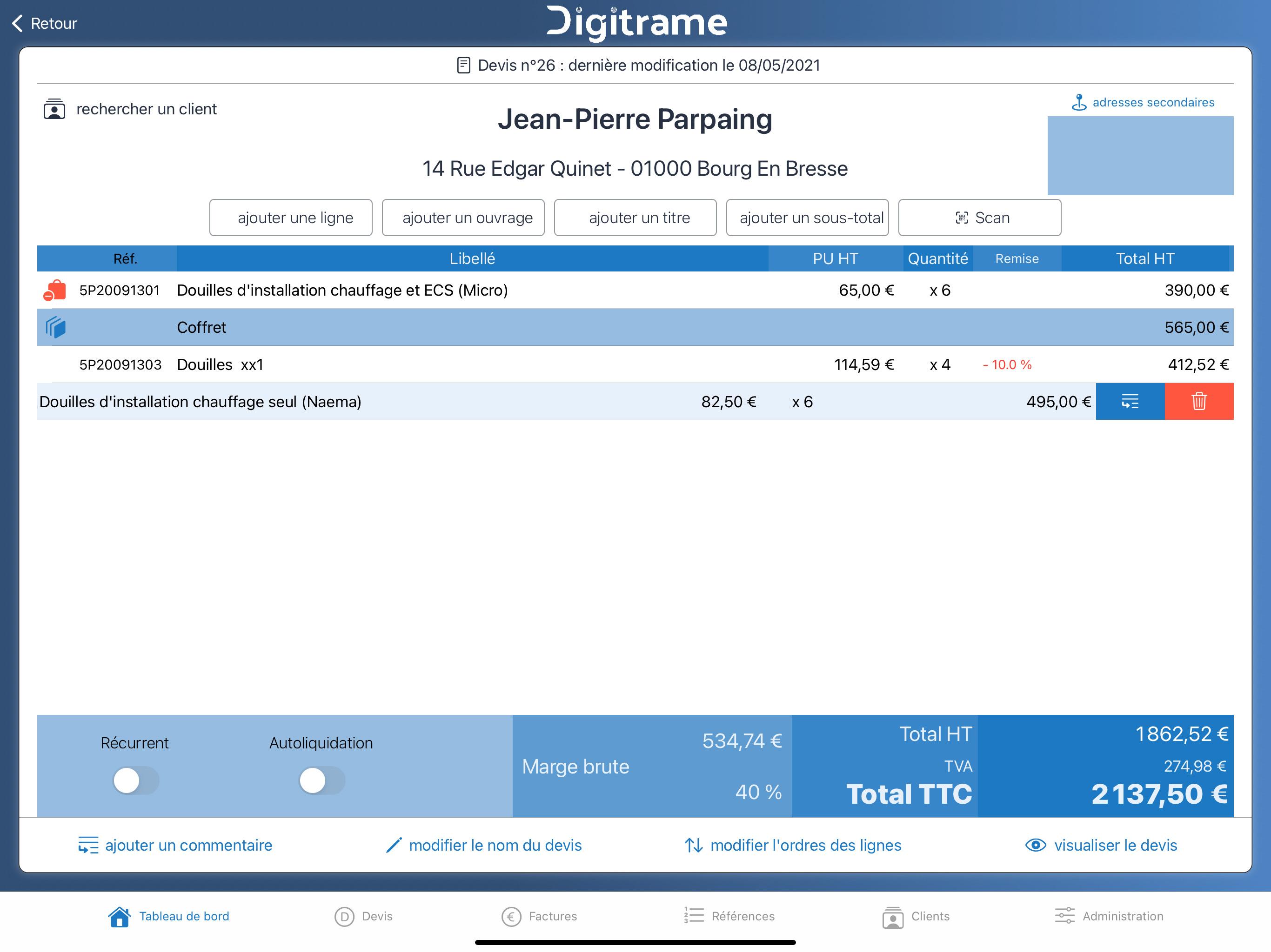 Digitrame - Personnalisation des devis (titre, sous totaux, commentaires)  glisser-déposer pour modifier l'ordre lignes, calcul de marge, récurrent