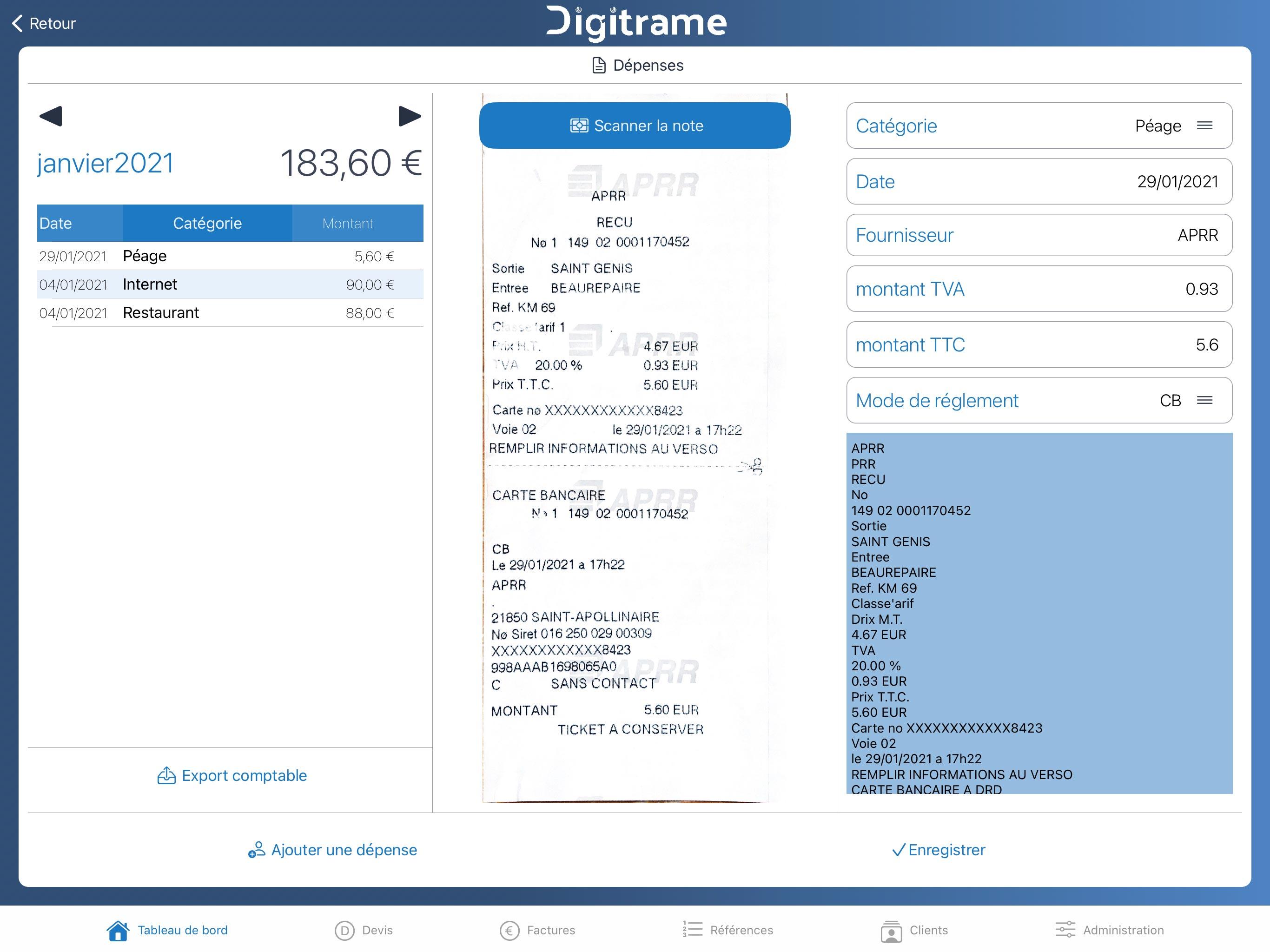 Digitrame - Scan et reconnaissance automatique des notes de frais