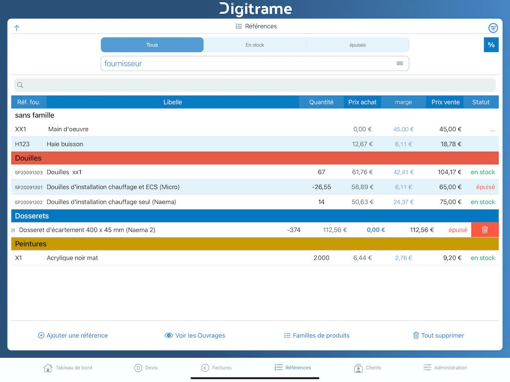 Digitrame - Liste des références produits