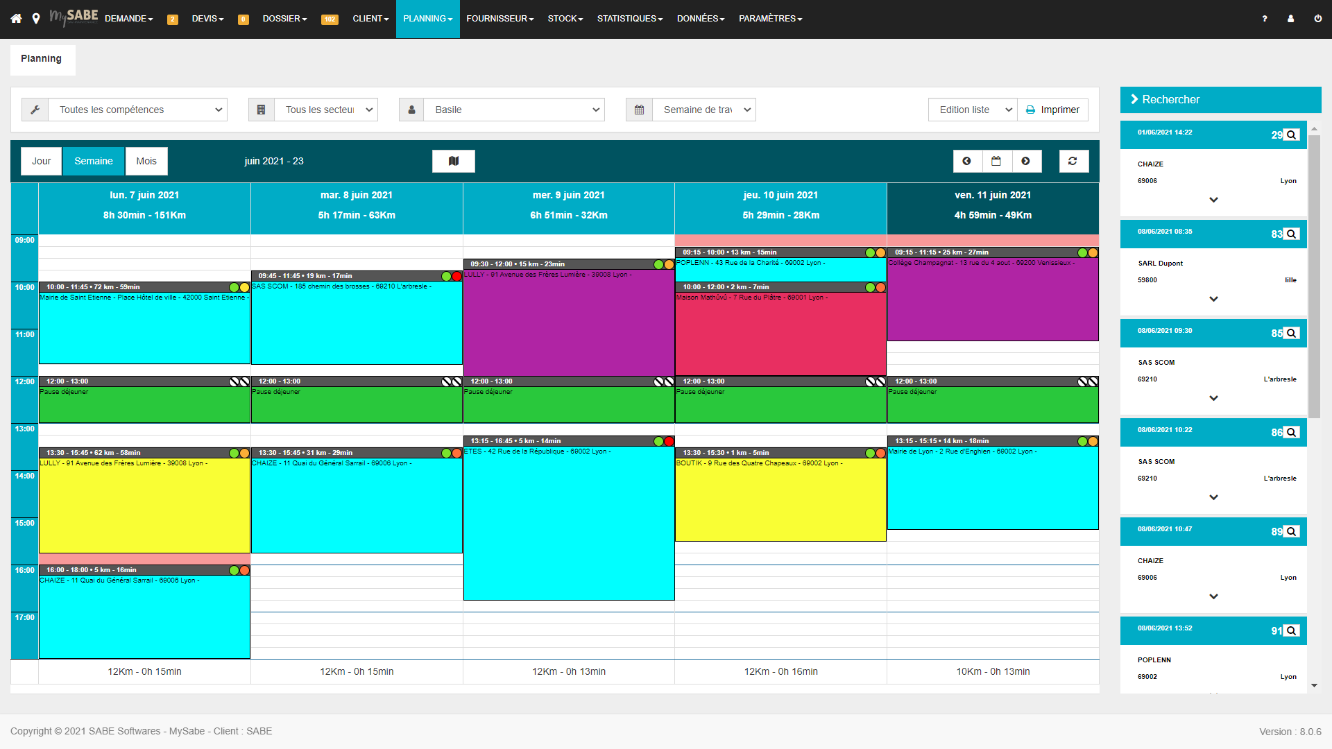 MySABE - Planning hebdomadaire d'un technicien