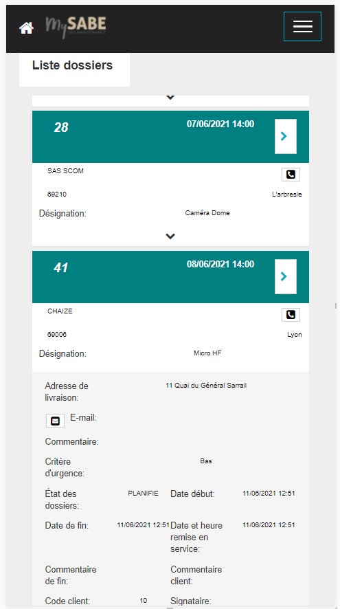 MySABE - Liste de dossier sur mobile