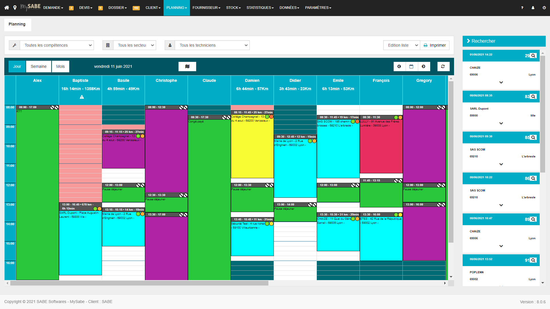 MySABE - Affichage du planning journalier