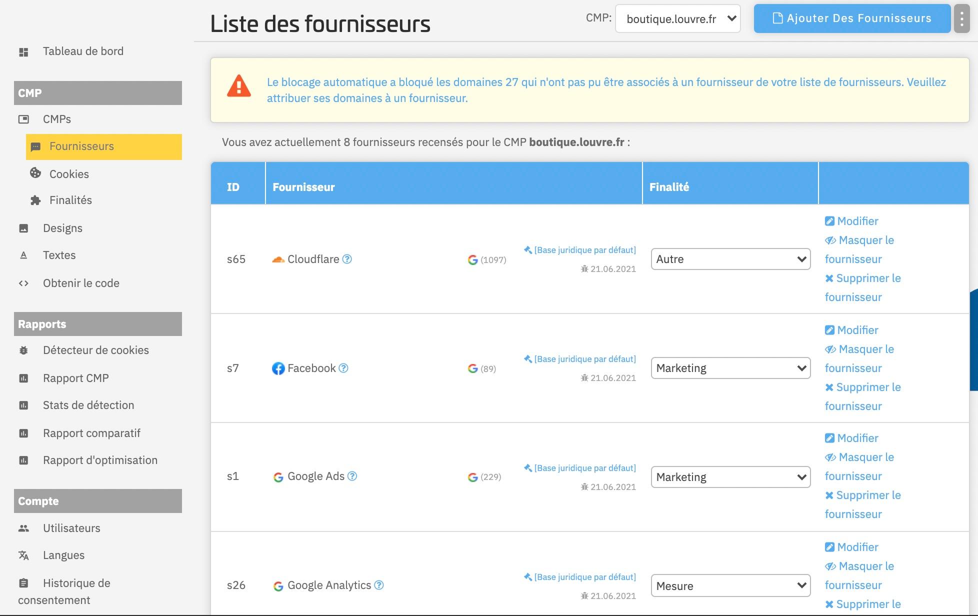 consentmanager - Détection automatique des partenaires susceptibles de collecter les données personnelles de vos visiteurs