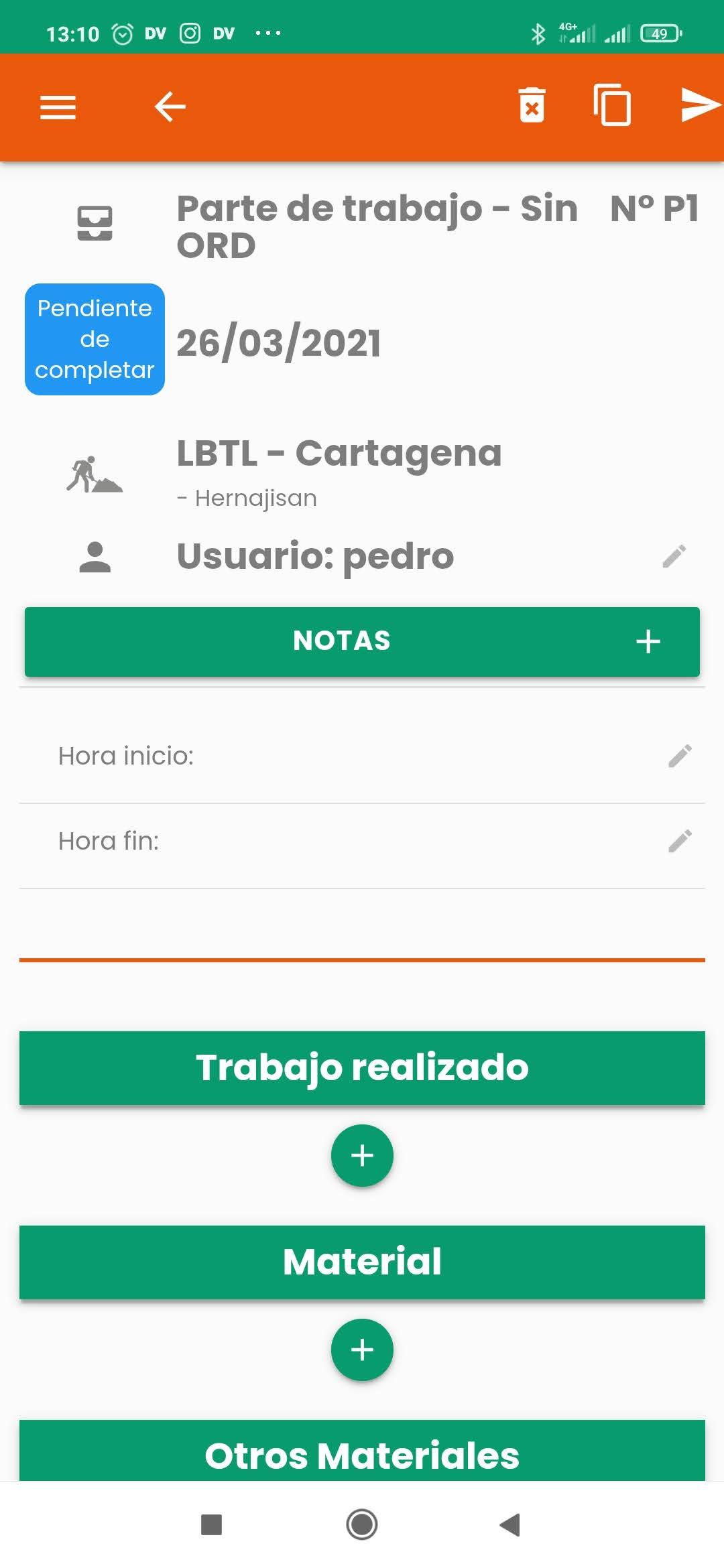 itcons.app Partes de trabajo - Formulario personalizado con el modelo de parte de trabajo